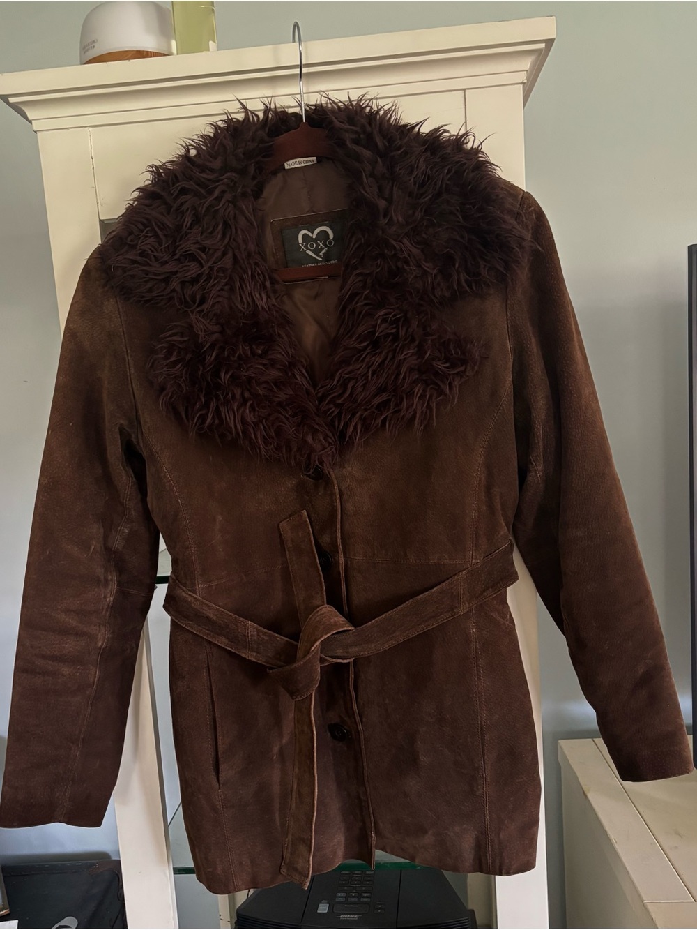 XOXO Dark Brown Suede Jacket with Plush Faux Fur Collar